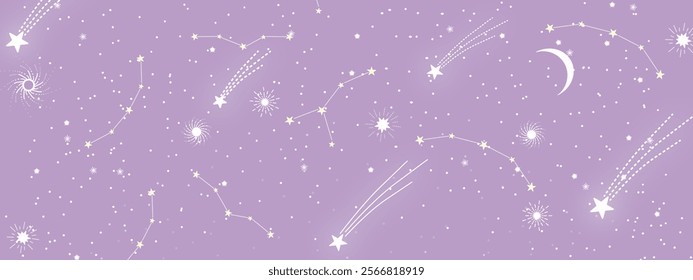 A whimsical lavender background with constellations, crescent moon, shooting stars, and glowing celestial elements, creating a dreamy night-sky design.