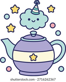 Um vetor de bule de chá de lavanda com uma nuvem sorridente usando um chapéu de festa. Perfeito para convites de aniversário de crianças, decoração infantil, e desenhos de adesivo planejador bonito.
