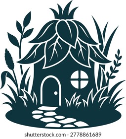 Whimsical leafy house with pathway and plants illustration