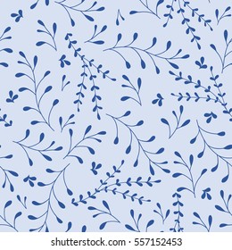 Whimsical Leaves and Branches Seamless Pattern (blue). Vector Illustration.