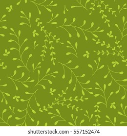 Whimsical Leaves and Branches Seamless Pattern (green). Vector Illustration.