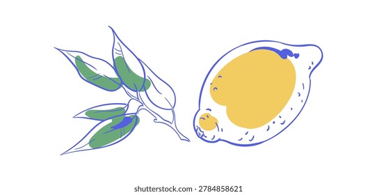 Whimsical lemon doodle in yellow and blue. Cute breakfast fruit icon with ink line and soft background. Hand drawn style suits cafe menu or italian brunch art adds light color accent as poster