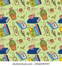 Whimsical Library-Themed Seamless Pattern with Books, Tea, and Cacti