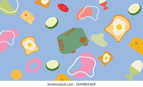 Whimsical light blue background filled with toasters, toast, eggs, cheese, and veggies, ideal for breakfast food illustrations or cafe branding.