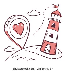 A whimsical lighthouse with a heart marker and clouds.