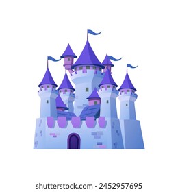 A whimsical lilac castle with pointed turrets and fluttering flags, captured in a playful and vibrant vector illustration for fantasy themes and children's tales.