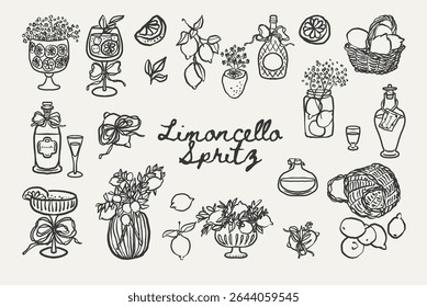 Whimsical limoncello spritz vector set with lemons, cocktails, vases, baskets, bows, and bottles. Great for drink menus, packaging, printables. Vector illustration.