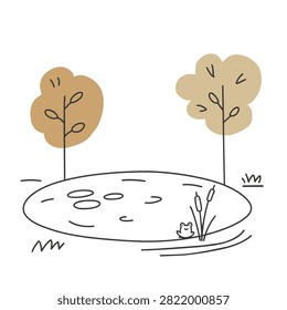 A whimsical line art drawing of a calm pond surrounded by two stylized trees and a small happy frog sitting near some reeds