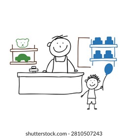 A whimsical line art drawing featuring a store clerk standing behind a counter with a young boy holding a blue balloon in front of the shop shelves