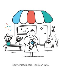 A whimsical line art drawing featuring a person holding a bouquet of flowers standing next to a small shop building with a smiling window and a cute cat sitting nearby