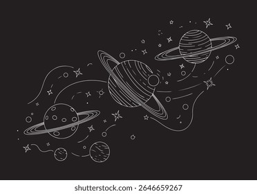 A whimsical line art illustration depicting three ringed planets, stars, and celestial elements in a flowing arrangement