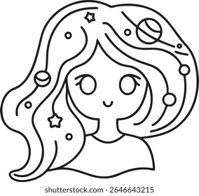 A whimsical line art illustration of a girl with flowing hair adorned with stars, planets, and celestial bodies, representing a cosmic or dreamy theme.