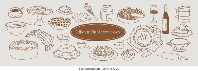 Whimsical line art illustration of pies, rolling pins, and baking tools. Hand-drawn vector sketch perfect for recipe books, menus, and cozy kitchen decor.	