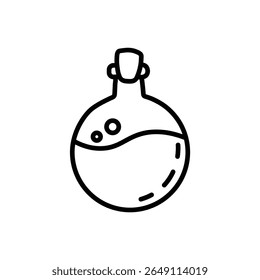 A whimsical line art illustration of a round potion bottle with a cork, perfect for themes of magic, fantasy, or science.