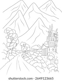 Whimsical Line Art Illustration of a Serene Mountain Landscape featuring a Winding Road, Lush Trees, and an Enchanted Fairytale Castle, Perfect for Coloring Books and Children's Activities.