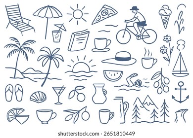 Whimsical line art illustration showcasing summer adventures and leisure activities. The seamless vector pattern captures joyful experiences featuring elements like the sea, relaxation, nature, and