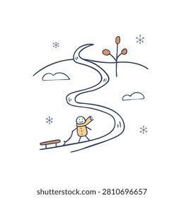 A whimsical line art illustration of a stick figure child wearing a scarf and coat pulling a small sled along a snowy path during wintertime