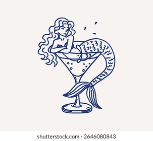 Whimsical line art mermaid lounging in a cocktail glass, showcasing flowing hair and fish tail hand drawn. Playful design combines fantasy with unique drink presentation. Vector outline illustration