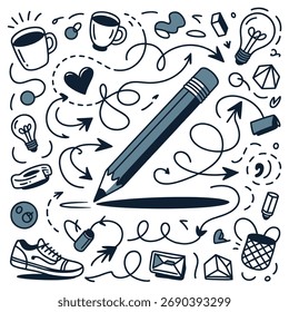 Whimsical Line Art Pattern with School and Daily Life Elements