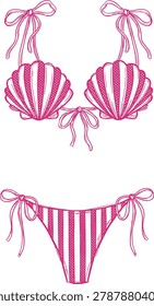 Whimsical line art vector graphic of a pink and white mermaid-inspired two-piece bikini swimsuit. The design features a decorative shell-shaped halter top with tie-up shoulder straps and a central knot, paired with matching vertical striped side-tie bikini bottoms. This clean, scalable digital artwork uses stippling textures and is perfect for summer beach party graphics, bachelorette trip merchandise, ocean themes, and print-on-demand fashion apparel.