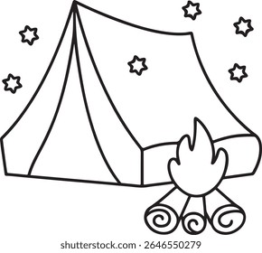 A whimsical line drawing of a camping tent with a crackling campfire and stars, perfect for illustrating outdoor adventures, summer camps, or cozy nights under the stars, isolated on white background.