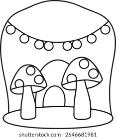 A whimsical line drawing of a fairy house with two spotted mushrooms and a garland of circles, isolated on a white background. Perfect for fantasy or children's themes.