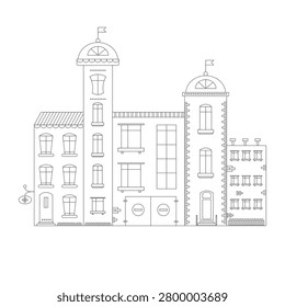 A whimsical line drawing of a multi-storied building complex combining several architectural styles. On the far left is a three-story building with a striped roof, arched windows on each floor, and a small hanging sign by the ground-floor door. Next to it stands a tall four-story tower with a domed top and flag, with tall rectangular windows. The central section is a three-story building with a flat roof, large rectangular windows, and two circular details on the ground floor.