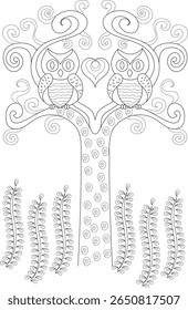 Whimsical line drawing of a pair of owls on an ornate tree, ideal for children's coloring pages or folk art.