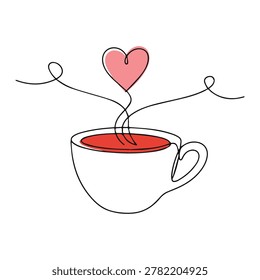 A whimsical line drawing of a steaming cup of red coffee with a heart rising from the steam.