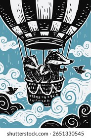 Whimsical linocut style illustration of a badger family flying in a hot air balloon through the sky with swirling clouds and birds. suitable for children's room murals with adventure theme