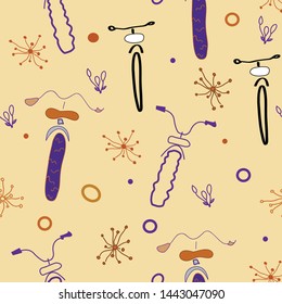 Whimsical little pattern with bicycles floating about with graphic and plant elements. Whimsical and fun, would look great on fabric, napkins, party supplies and other projects