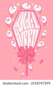 Whimsical 'Lollyween' Coffin-Shaped Lollipop Illustration with Cute Ghosts, Pink Background, Playful Text, Stars and Candy. Fun Halloween-Themed Cartoon Design for Festive Celebrations.