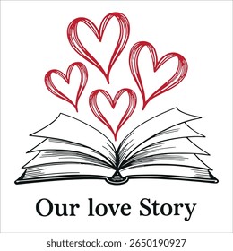História de Amor Caprichosa Desdobra Livro Aberto com Corações Narrativa Romântica Ascendente e Conto Afetivo em Monocromático