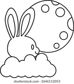 Whimsical Lunar Hare Illustration Black and White Line Art featuring a Rabbit on a Cloud with a Dotted Moon in a Playful Style
