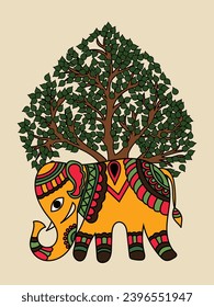 Whimsical Madhubani Art: Majestic Tree and Elephant in Vibrant Harmony. Wall Art, Stylish Decor,