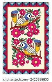 Whimsical Madhubani - Birds, Floral and Natural Harmony. Avian Madhubani Illustration, Botanical and Fauna Artwork, Traditional Indian Folk Painting.