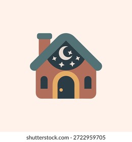 Wunderschöne Zauberhaus-Illustration mit Mond und Sternen, perfekt für gemütliche Nachtthemen, Logos und Branding.