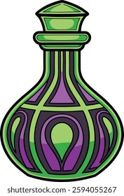 Whimsical Magic Potion Bottle Vector, Green and Purple, High-Quality Fantasy Design for Illustrations