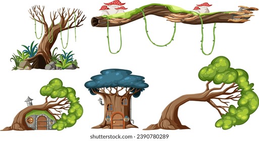 Ilustración mágica y caprichosa con una colección de árboles y una encantadora casa de hobbit