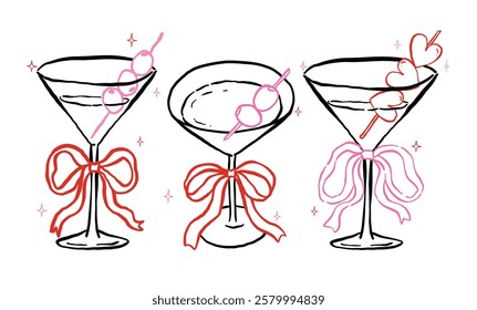 Whimsical Martini Glasses with Bow and olive Outline Hand Drawn Groovy Retro Playful Style set