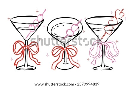 Whimsical Martini Glasses with Bow and olive Outline Hand Drawn Groovy Retro Playful Style set