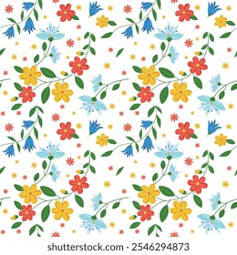 Whimsical Meadow Blooms: Ein flaches Vektor-Blumenmuster, blau, gelb, rosa Blumen