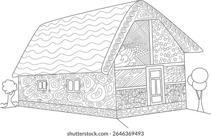 Whimsical Medieval House Line Art with Abstract Patterns, Ideal for Coloring Pages and Creative Designs.