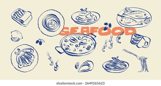 Whimsical Mediterranean food doodles. Quirky icons of breakfasr and brunch meals in simple crayon and sketch style. Trendy art for menus and dinner invitations. La dolce vita vector illustration