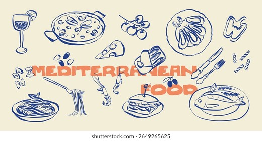 Whimsical Mediterranean food doodles. Quirky icons of breakfasr and brunch meals in simple crayon and sketch style. Trendy art for menus and dinner invitations. La dolce vita vector illustration