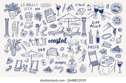 Whimsical mediterranean italian coastal beach vacation elements line art set. Seaside summer sketch of food, loungers, sardines, swimsuits and reading book. Wedding coquette vector illustration