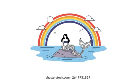 Whimsical mermaid resting on a rock beneath a vibrant rainbow over calm blue waters