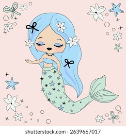 Whimsical mermaid set with coquette decorative elements. Cute coastal aesthetic symbols, flowers, starfish and ribbons. Girl beach party accessories, vintage bows.