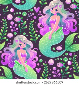 Conjunto de vetor de sereia fantástico para crianças e decoração de berçário. Padrão de sereia sem costura desenhado à mão em cores brilhantes e pastel