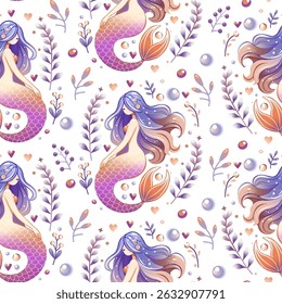 Conjunto de vetor de sereia fantástico para crianças e decoração de berçário. Padrão de sereia sem costura desenhado à mão em cores brilhantes e pastel